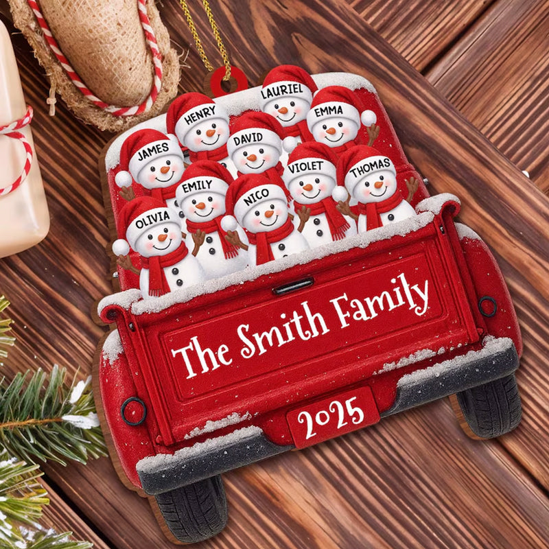 Custom Snowman Family Christmas Ornament, Red Truck Flat Ornament