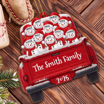 Custom Snowman Family Christmas Ornament, Red Truck Flat Ornament