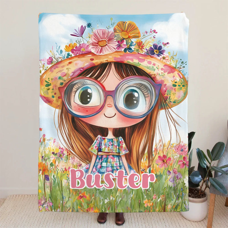 Personalized Cartoon Quirky Flower Girl Throw Blanket with Name