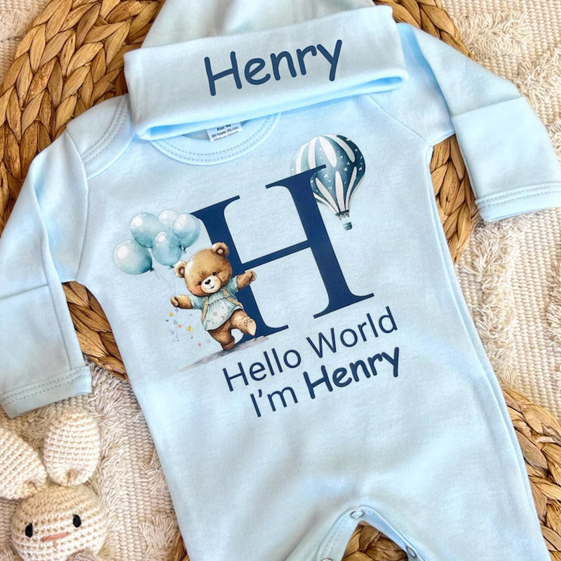 Personalized baby coming home outfit, romper hat set,