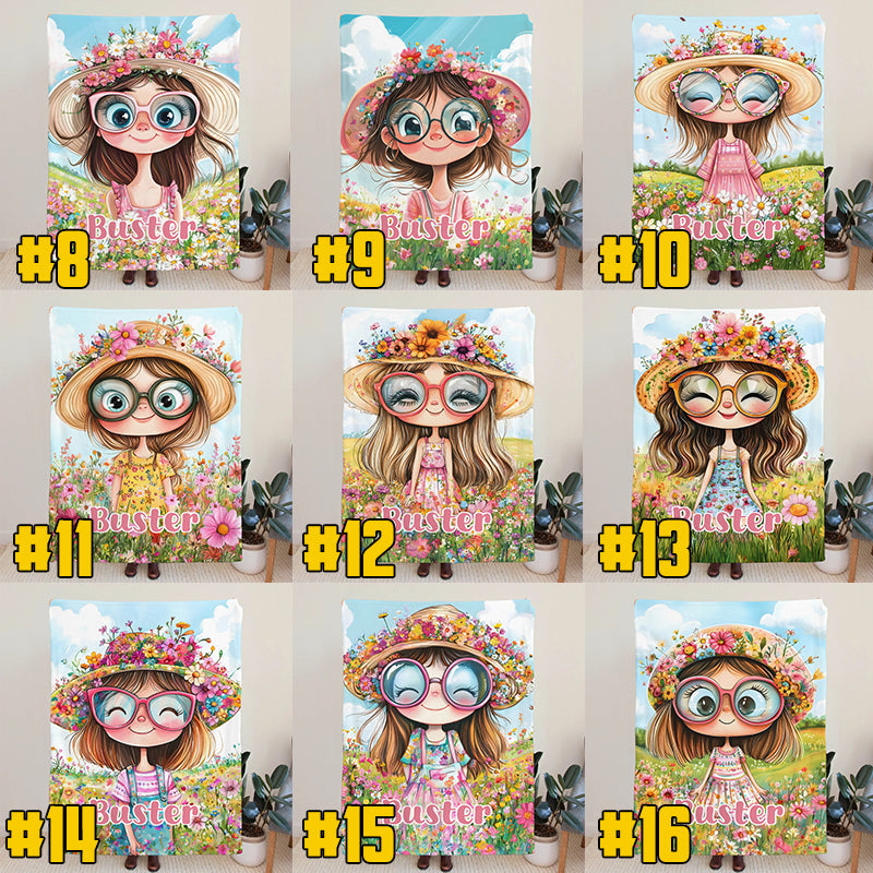 Personalized Cartoon Quirky Flower Girl Throw Blanket with Name