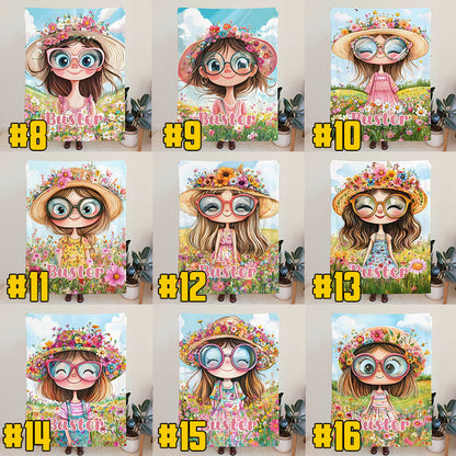 Personalized Cartoon Quirky Flower Girl Throw Blanket with Name