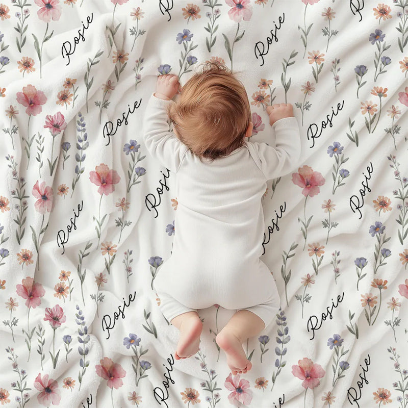 Personalized Wildflower Baby Blanket, Custom Baby Name Blanket