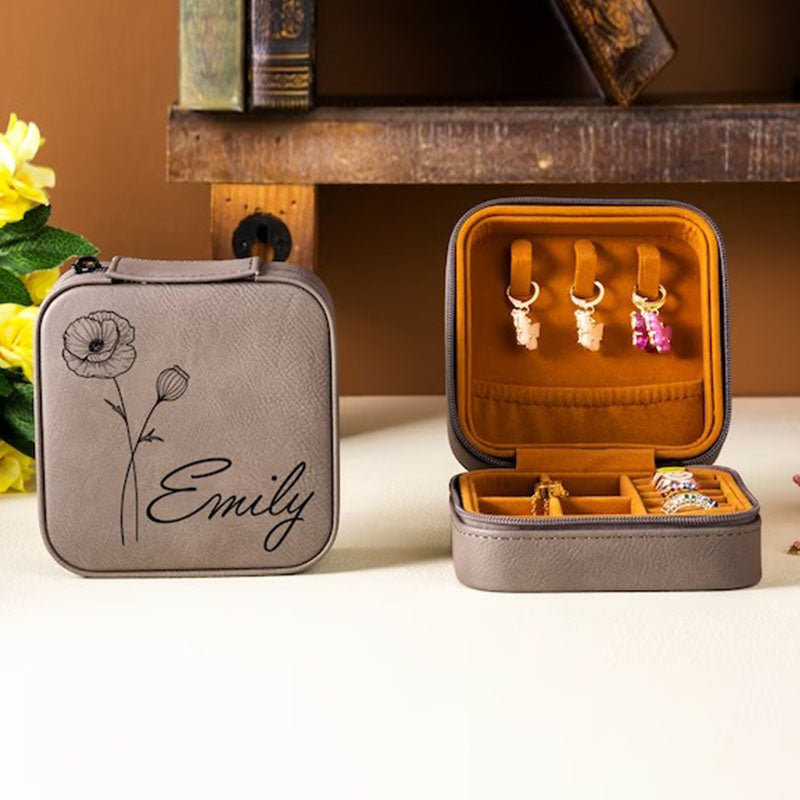 Birth Flower Jewelry Travel Case, Birth Month Flower Gift, Personalized Birthday Gift, Leather Jewelry Travel Case