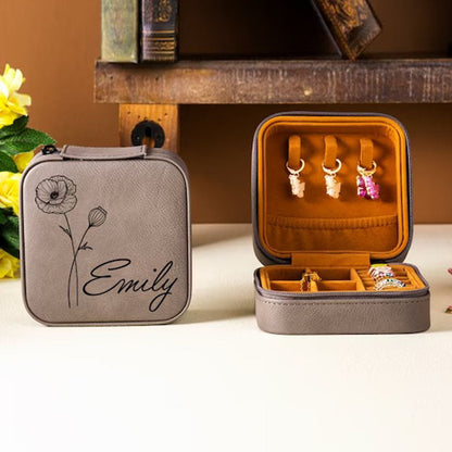 Birth Flower Jewelry Travel Case, Birth Month Flower Gift, Personalized Birthday Gift, Leather Jewelry Travel Case