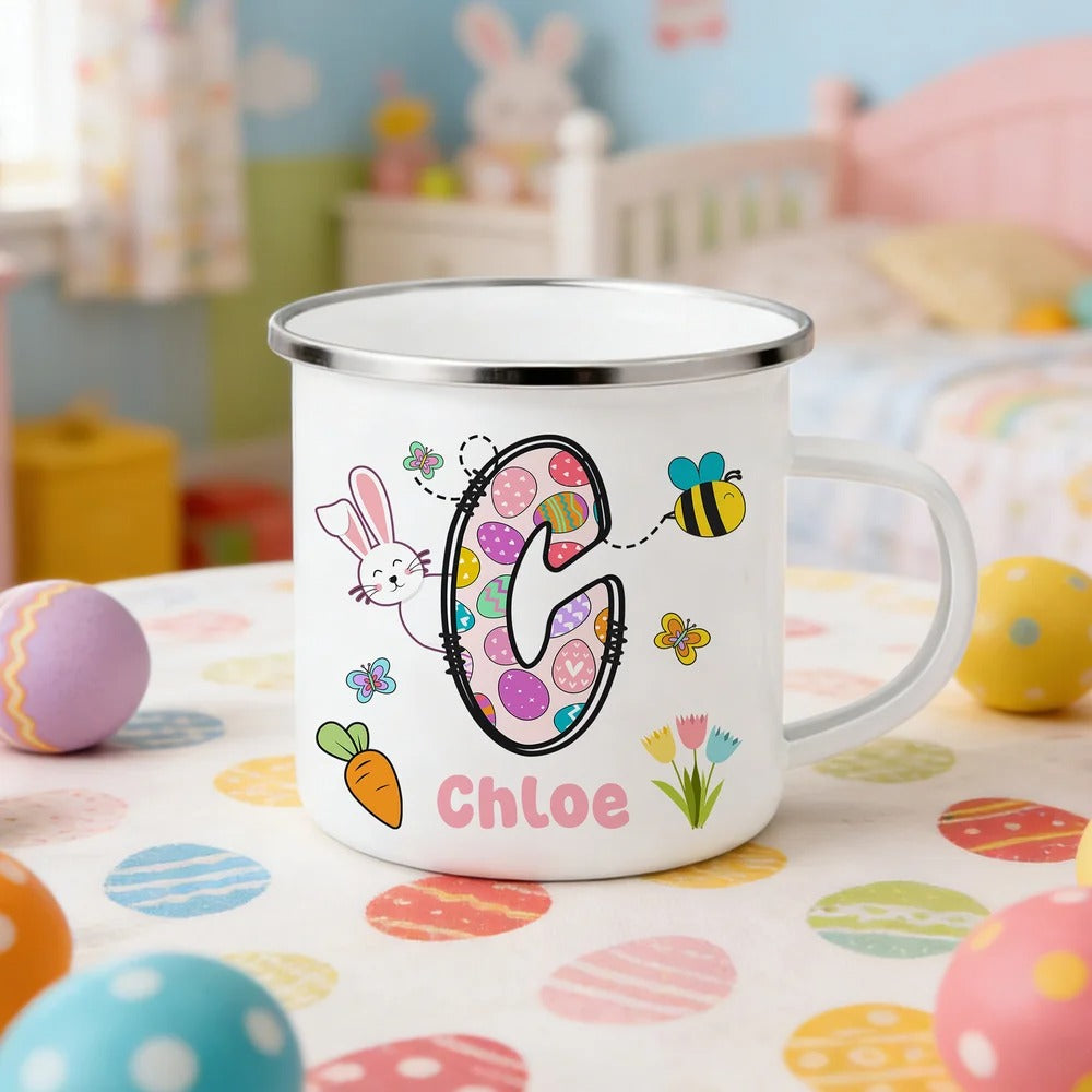 Personalized Cartoon Bunny Easter Eggs Initial 12 oz Enamel Mug