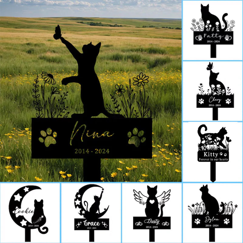 Personalized Metal Cat Stake, Cat Memorial Stake with Flowers