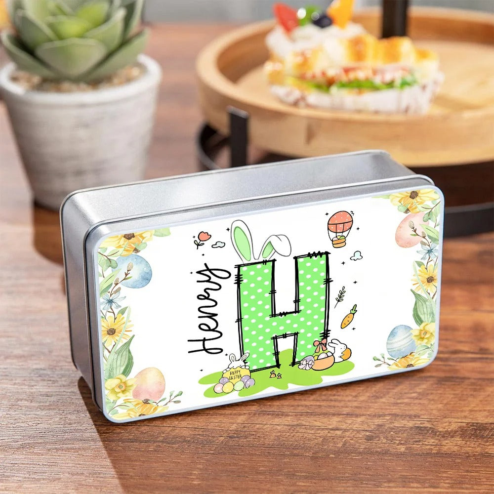 Personalized Floral Bunny Initial Easter Egg Biscuit Tin Box