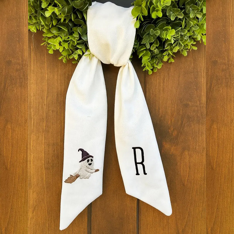 Personalized Ghost Witch Hand Embroidered Halloween Wreath