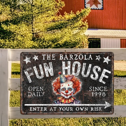 Custom FUN HOUSE Creepy Clown Metal Sign Personalized Name