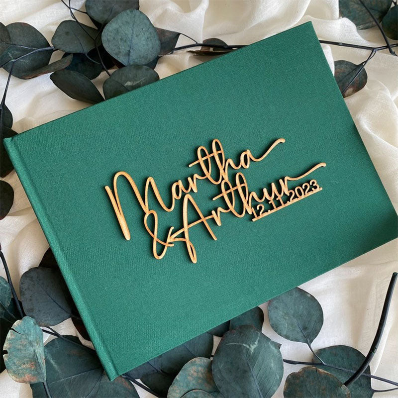 Personalised Linen Cover Wedding Guest Book With Wooden Text