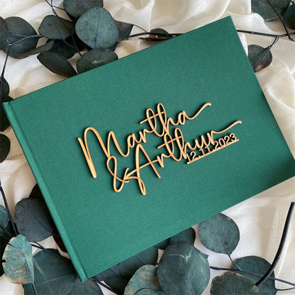 Personalised Linen Cover Wedding Guest Book With Wooden Text