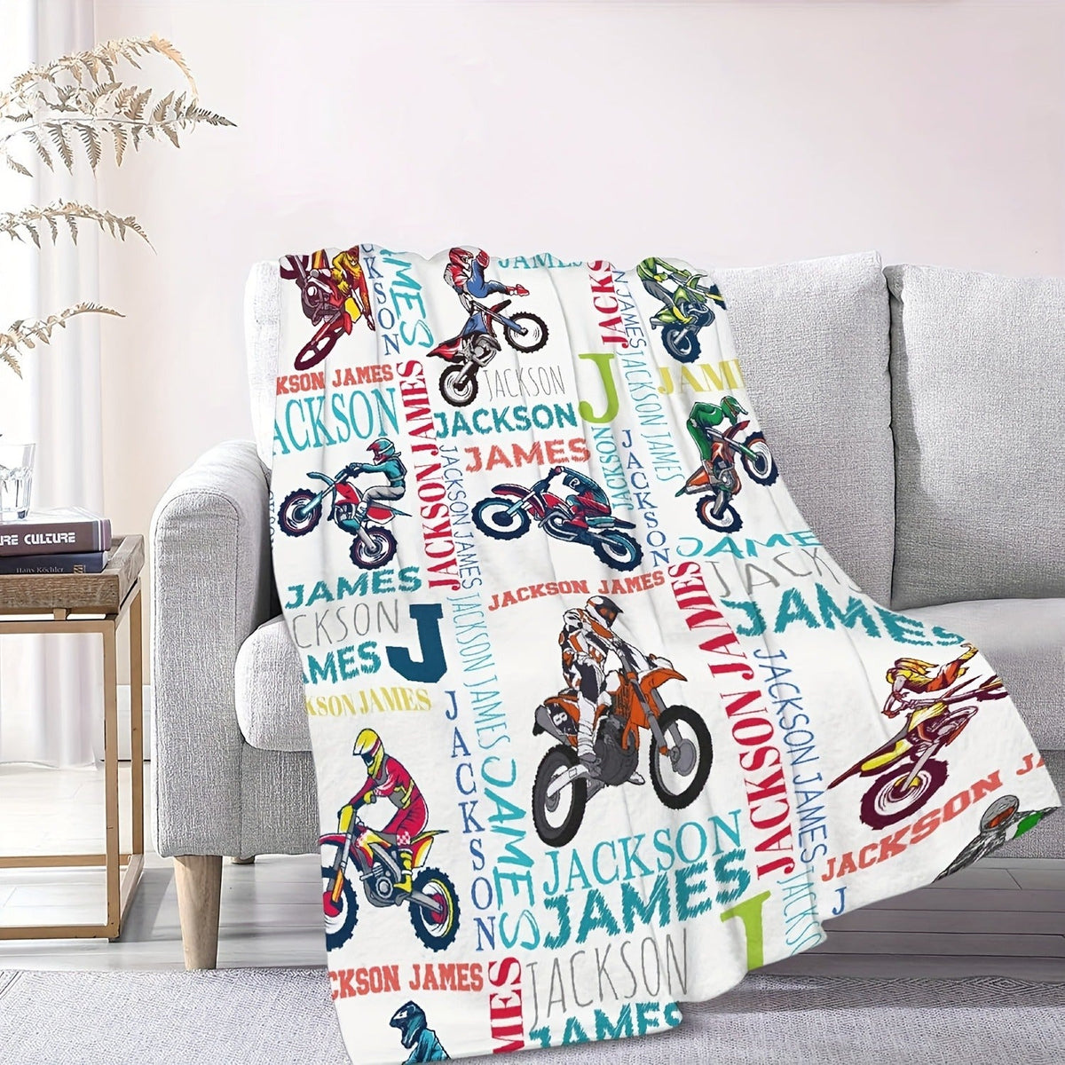 Text Customized Motorcycle Print Fleece Blanket