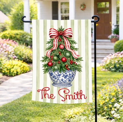 Striped Christmas Tree Flag Personalized Garden Flag Holiday Decor Custom Family Name