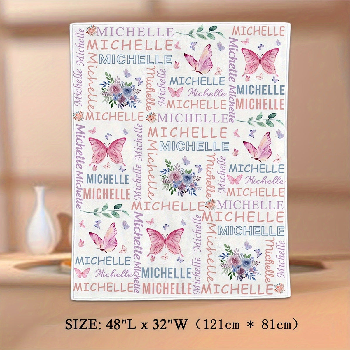 Customized Flannel Blankets with Names, Flower Butterfly Patterned Blankets