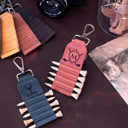 Engraved Leather Golf Bag Tag, Personalized Golf Tee Holder