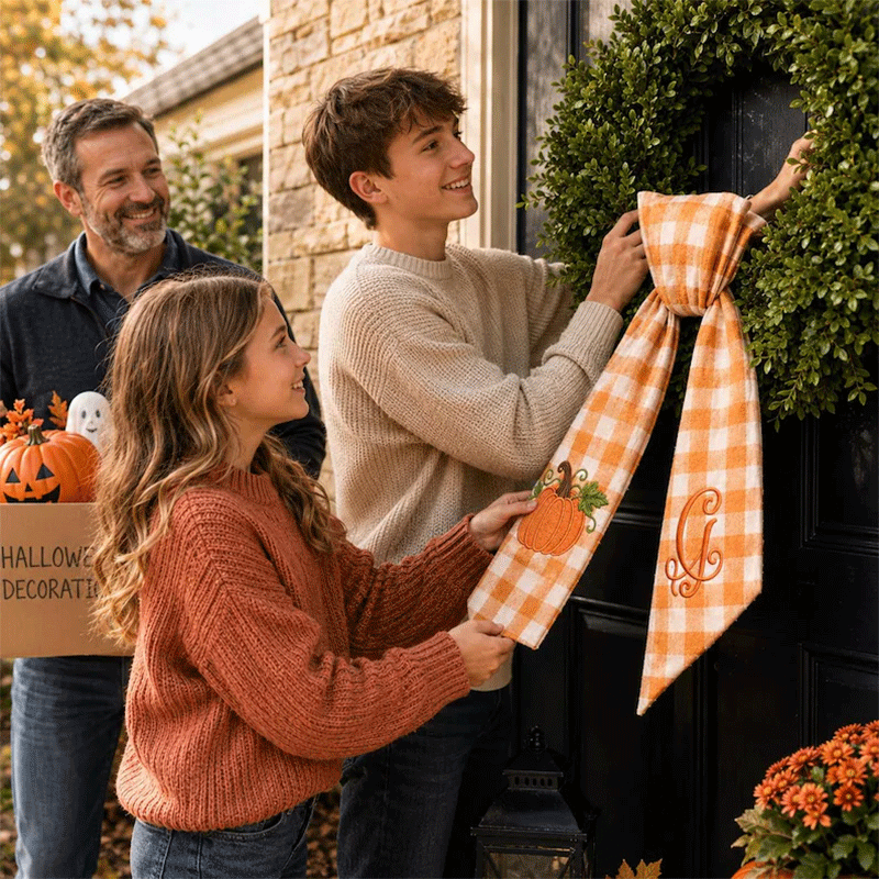 Personalized Pumpkin Wreath Sash - Fall Monogram Gingham Door Bow