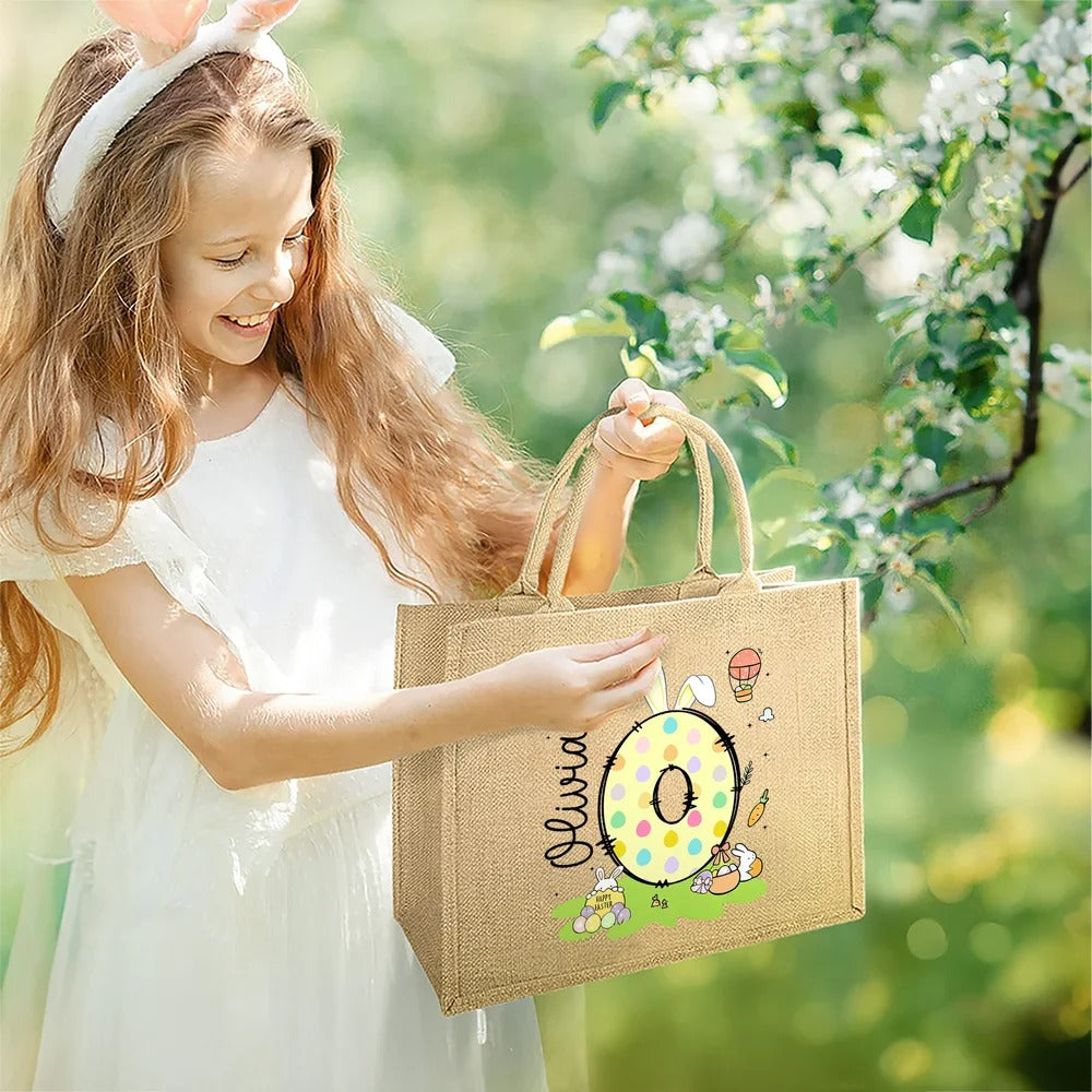 Personalized Cute Polka Dot Easter Egg Bunny Ear Initial Jute Tote Bag