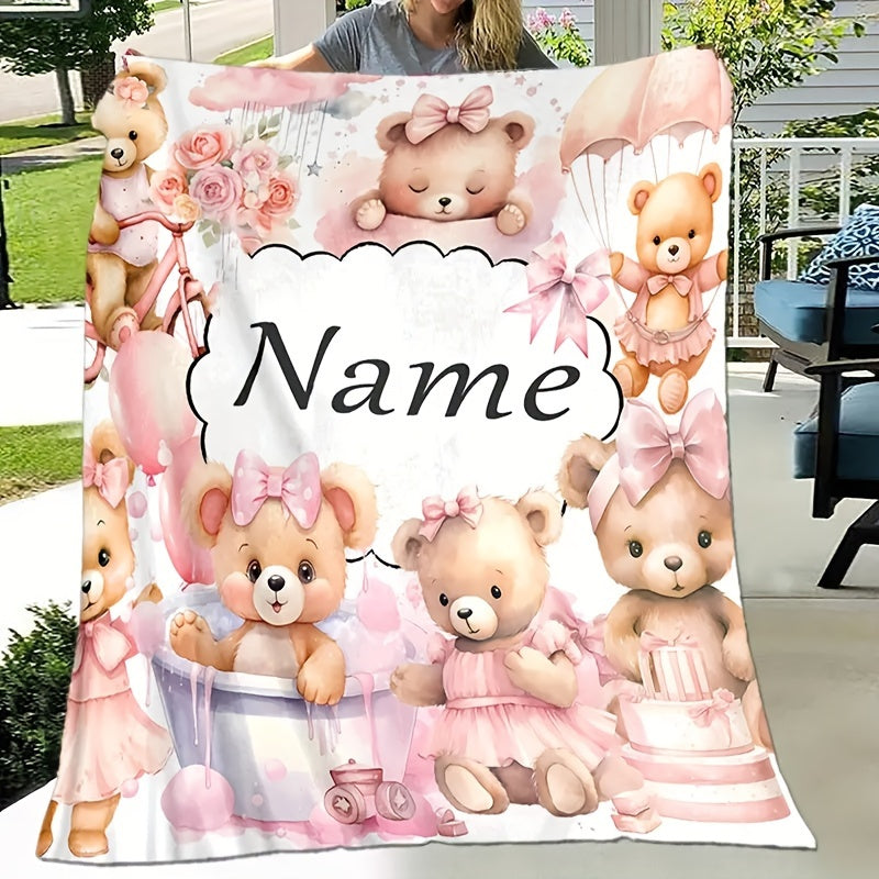 Personalized Name Design, Soft & Warm Cartoon Bear Print Blanket