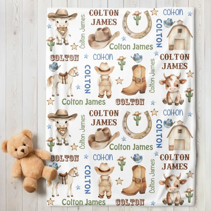 Personalized Cowboy Baby Boy Blanket, Custom Name Crib Blanket