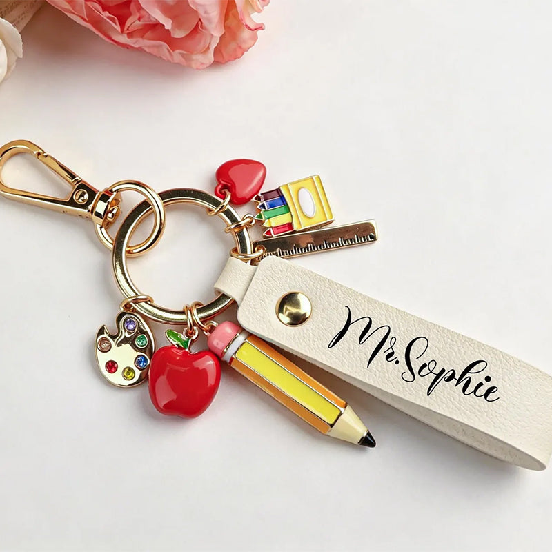 Personalized Teacher Keychain,Teacher Appreciation Gift,Custom Name Leather Keychain