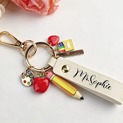 Personalized Teacher Keychain,Teacher Appreciation Gift,Custom Name Leather Keychain