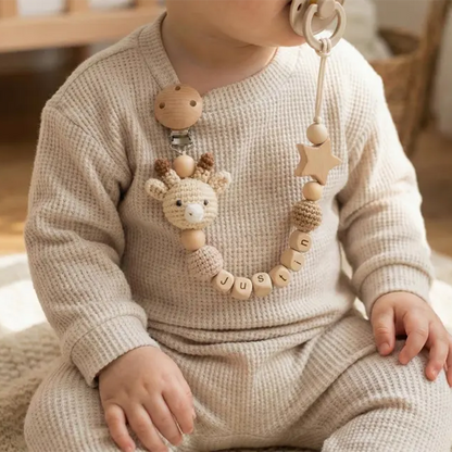 Personalized Crochet Pacifier Clip, Neutral Boho Pacifier Holder, Custom Name Baby Accessory