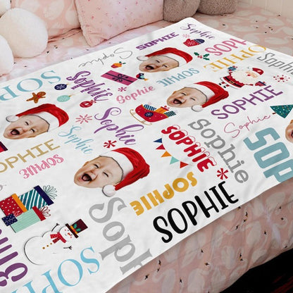 Personalized Photo Christmas Blanket With Name, Custom Name Blanket For Baby