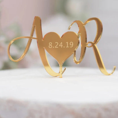 Initials Wedding Cake Topper with date gold acrylic