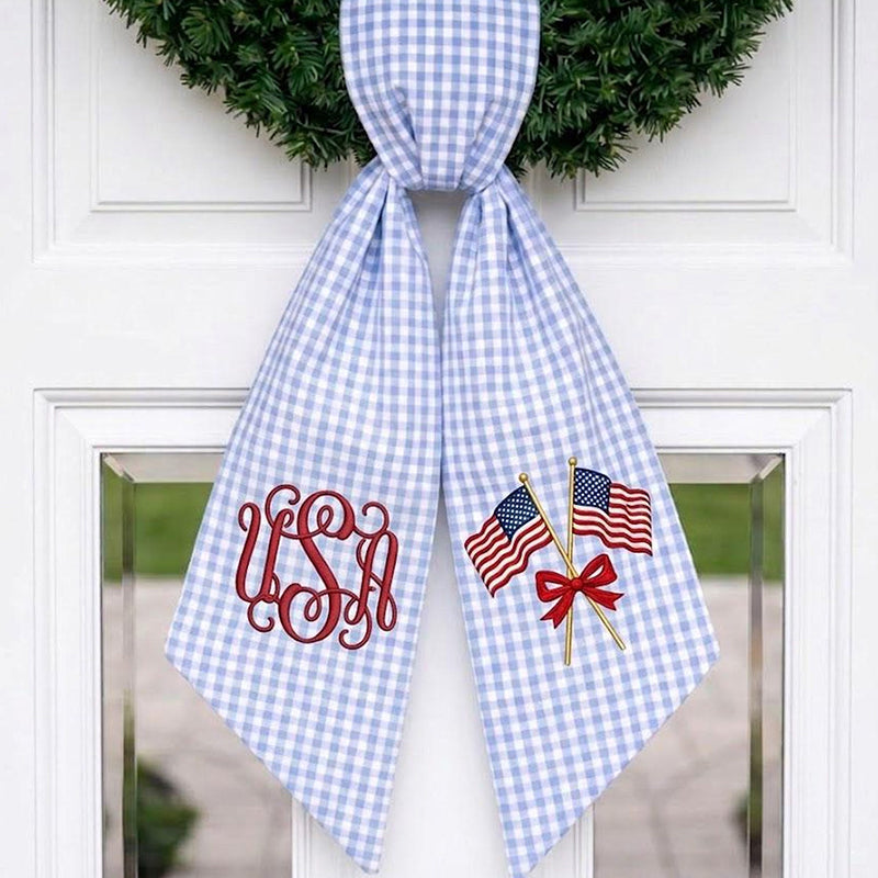 Custom Monogram Patriotic Wreath Sash, USA Flag Bow