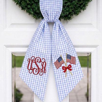 Custom Monogram Patriotic Wreath Sash, USA Flag Bow