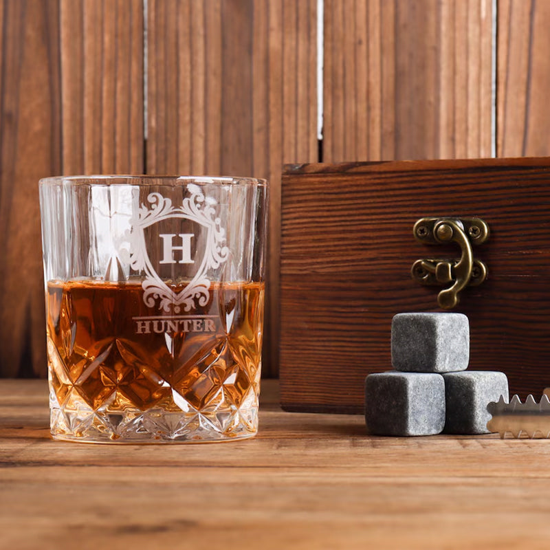 Personalized Whiskey Glass Set with Engraving Wooden Box
