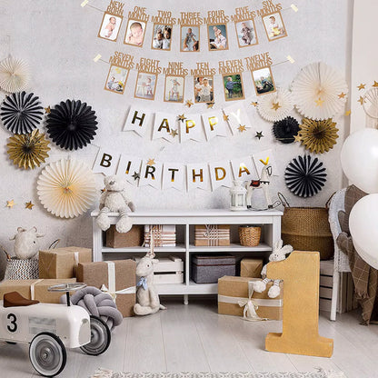 PartyHooman 1st Birthday Photo Banner in for Baby from Newborn to 12 Months