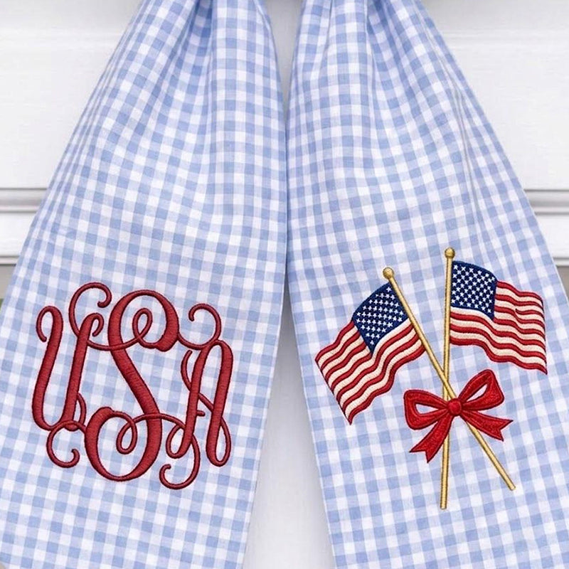 Custom Monogram Patriotic Wreath Sash, USA Flag Bow