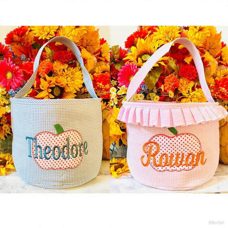 Halloween Bucket Pink/Blue Gingham w/Pumpkin Personalized | Halloween Basket