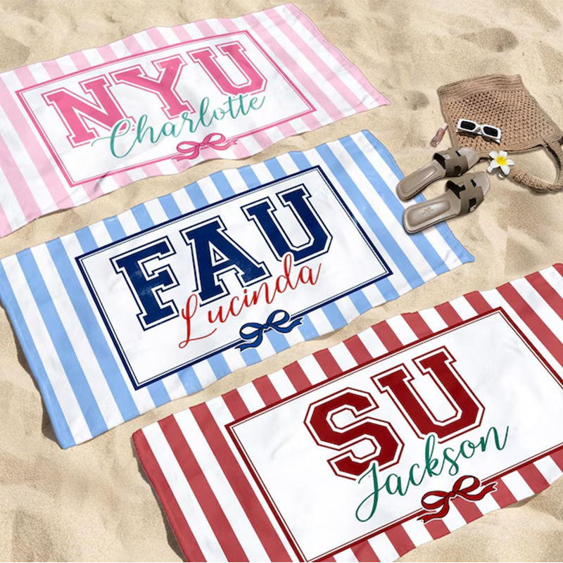 Personalized School Striped Beach Towel with Bow: College University Pride Spirit Gift,