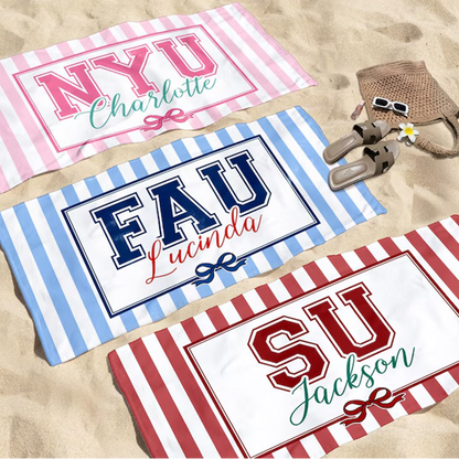 Personalized School Striped Beach Towel with Bow: College University Pride Spirit Gift,