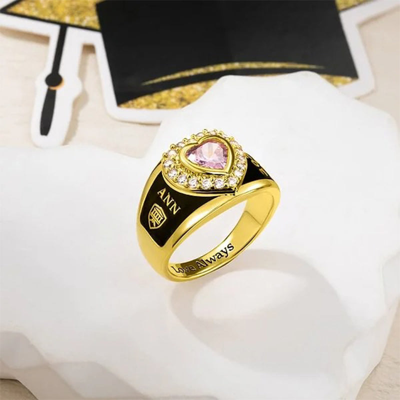 Personalized Heart Zircon Birthstone Class Ring with Engraved Text Symbol Graduation Gift