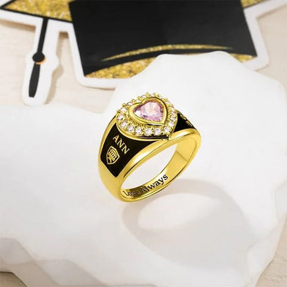 Personalized Heart Zircon Birthstone Class Ring with Engraved Text Symbol Graduation Gift