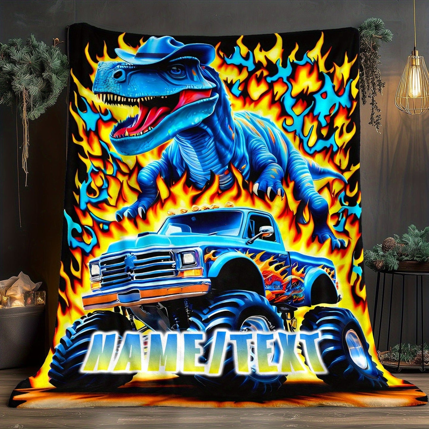Customizable Dinosaur & Monster Truck Flannel Blanket