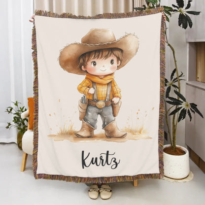 Personalized Cartoon Cowboy Tassel Blanket with Name