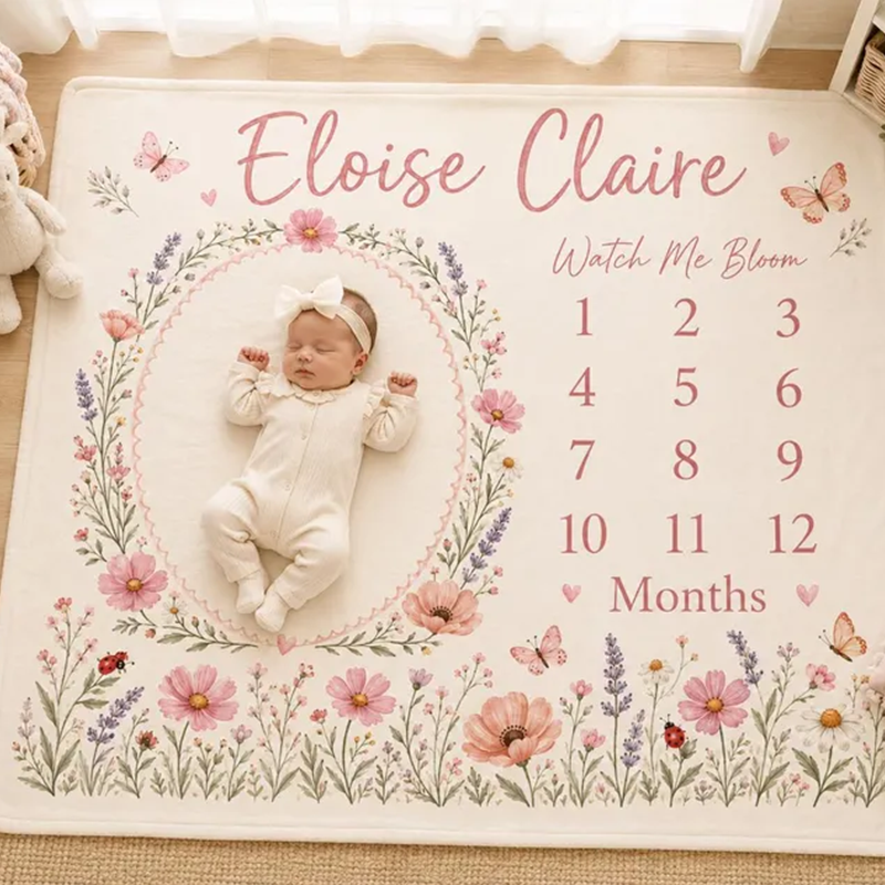 Personalized Floral Milestone Blanket, Custom Baby Girl Milestone Blanket