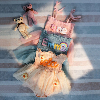 Custom Name Baby Tutu Dress, Hand Embroidered Baby Romper