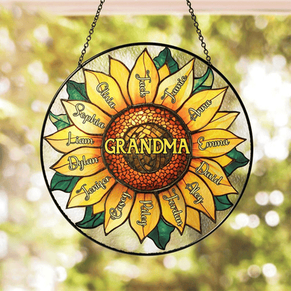 Personalized Grandma Grandkids Sunflower Stained Glass Suncatcher