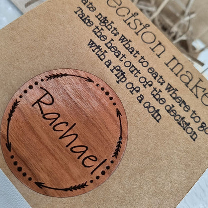 Decision Maker Coin - Decision Flip Coin Personalised |Couples Decision Making | Wooden coin with names