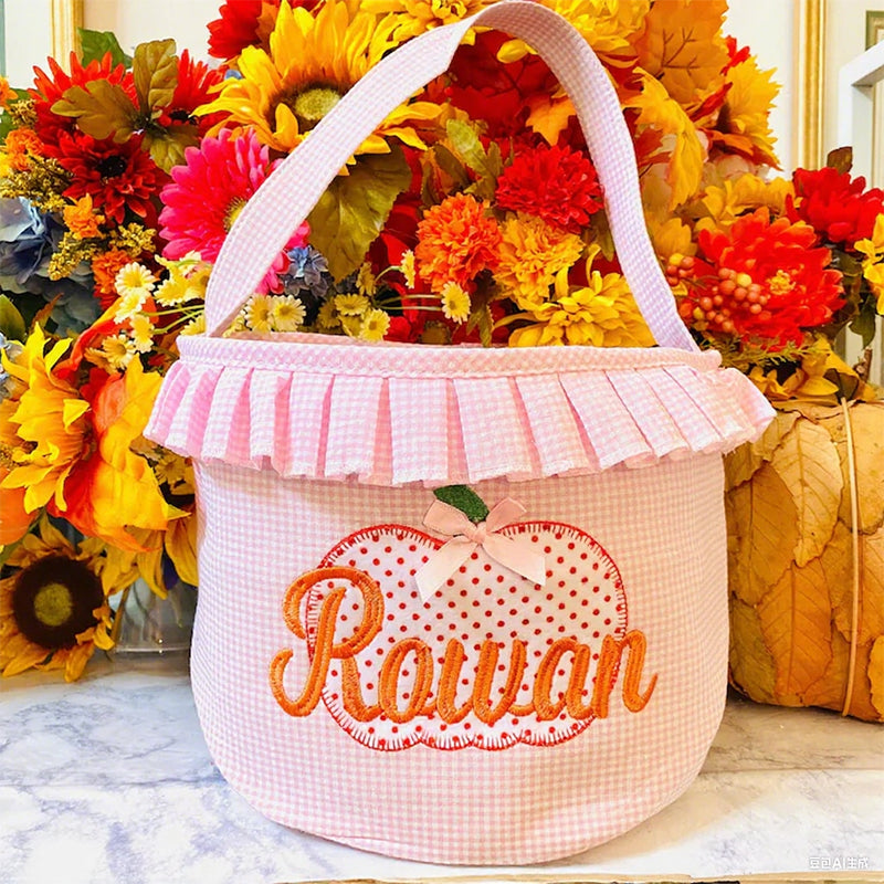 Halloween Bucket Pink/Blue Gingham w/Pumpkin Personalized | Halloween Basket