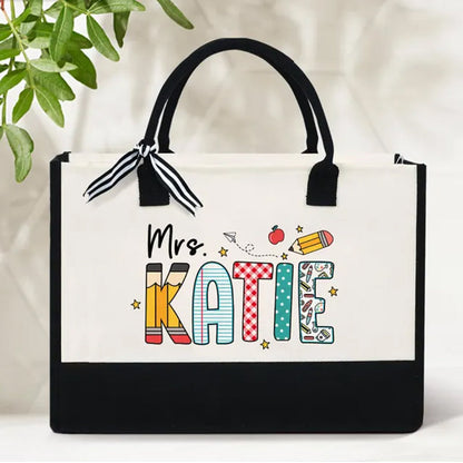 Personalized Teacher Tote Bag, Custom Teacher Name Bag