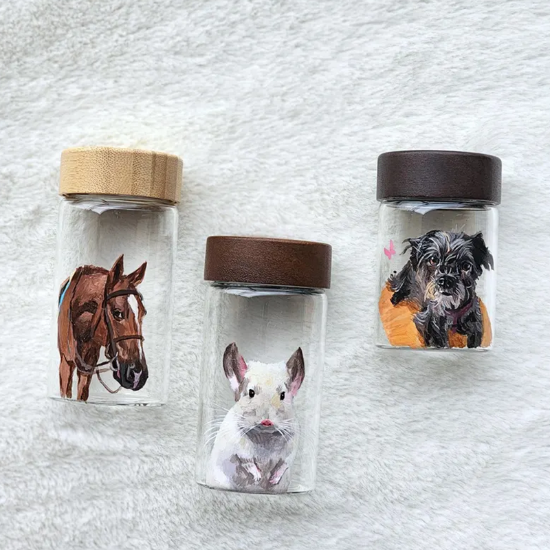 Hand Painted Pet Portrait Fur Keepsake, Custom Pet Hair Memorial Jar
