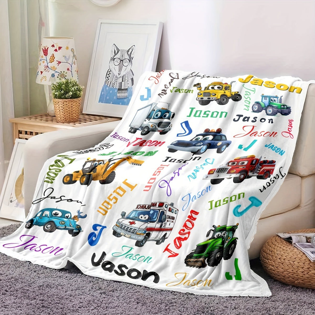 Custom Name Personalized Blanket, Cartoon Car & Engineering Vehicle Design