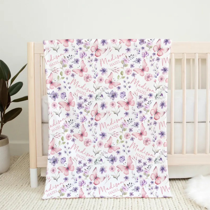 Custom Pink Butterfly Baby Name Blanket